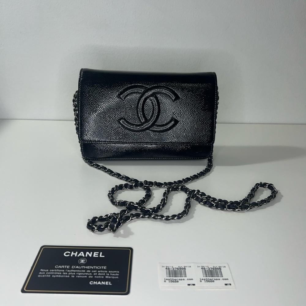 CHANEL | Black Patent Caviar Leather Wallet on Chain